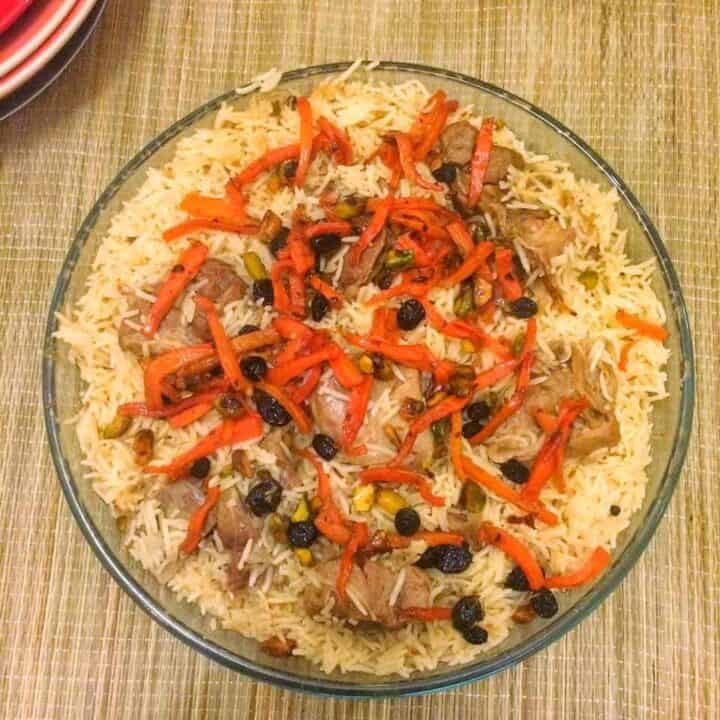 Kabuli Pilau - Afghanistani Rice with Mutton, Raisins, Nuts and Carrots